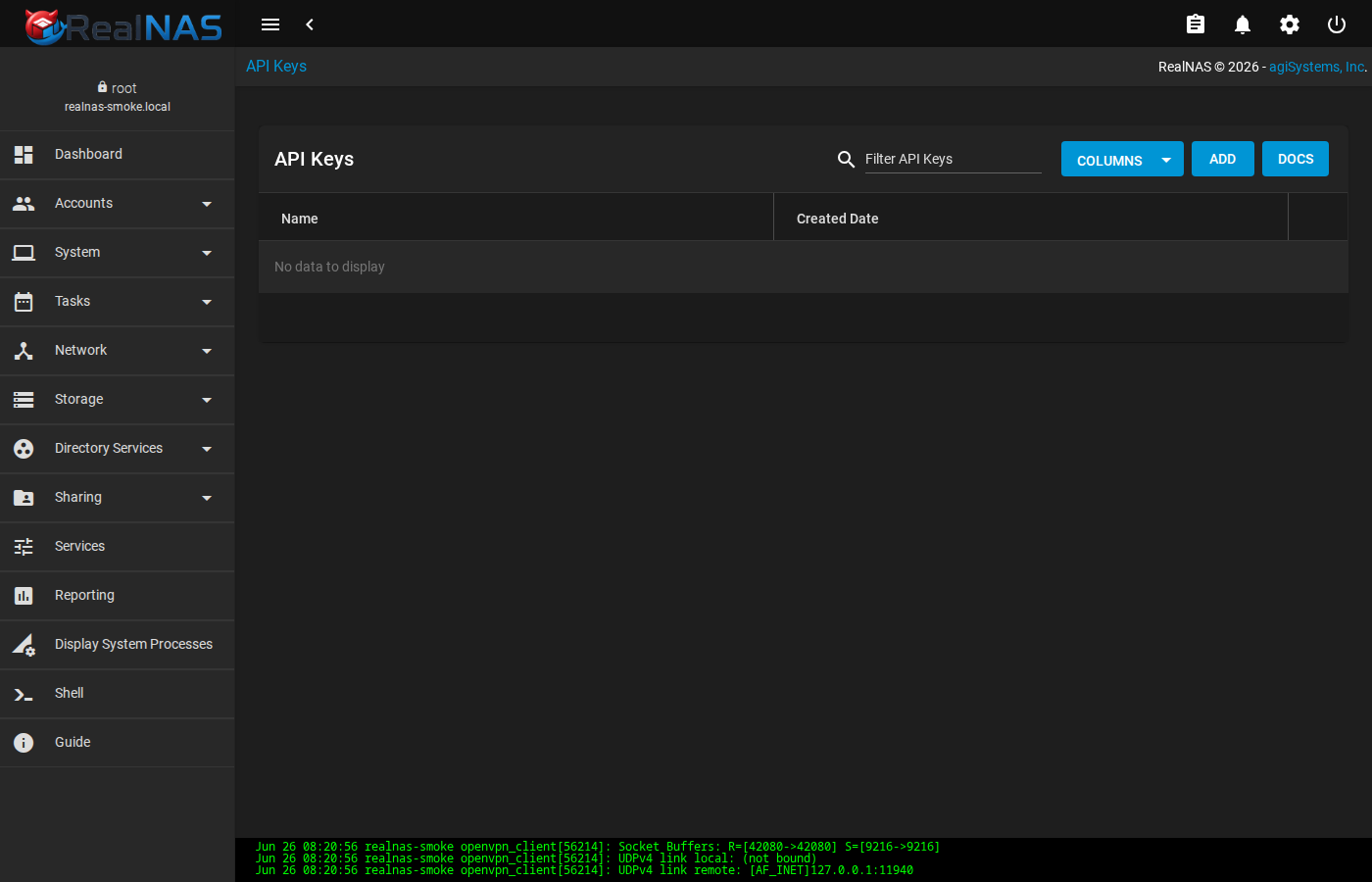 API Keys list page
