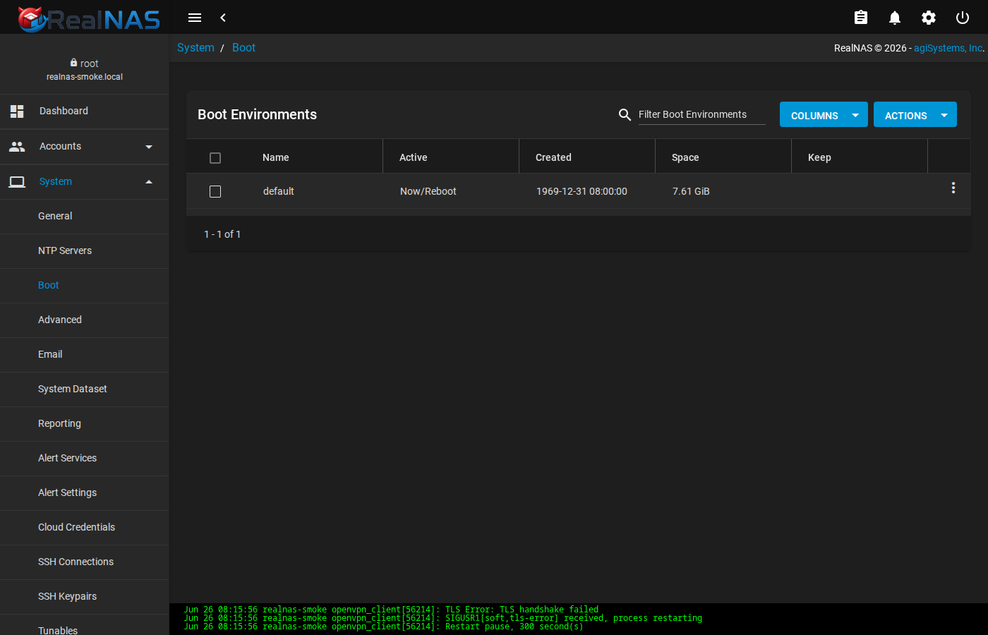 Boot Environments list page