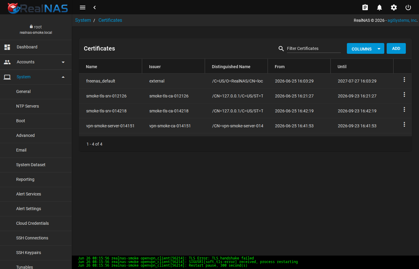 Certificates list page