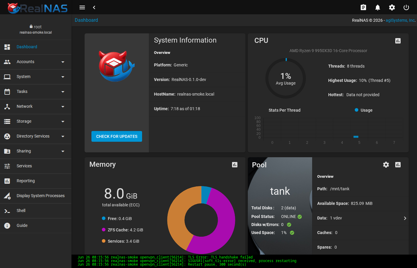 RealNAS Angular WebUI dashboard showing system information, CPU, memory, and pool status cards
