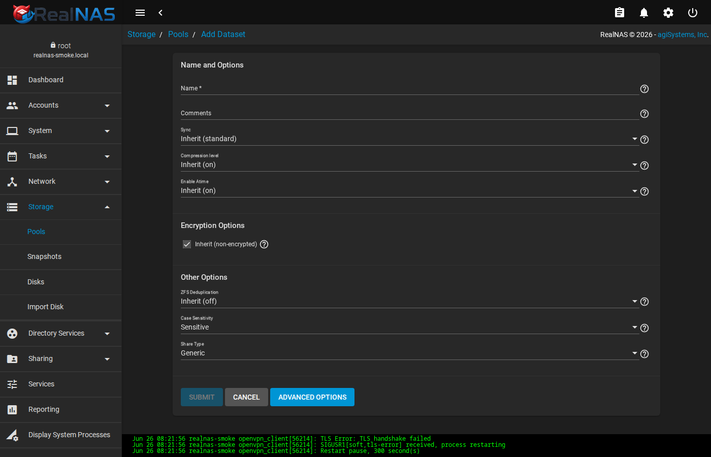 Add Dataset form with Name, Compression, ACL Mode, and other ZFS property fields