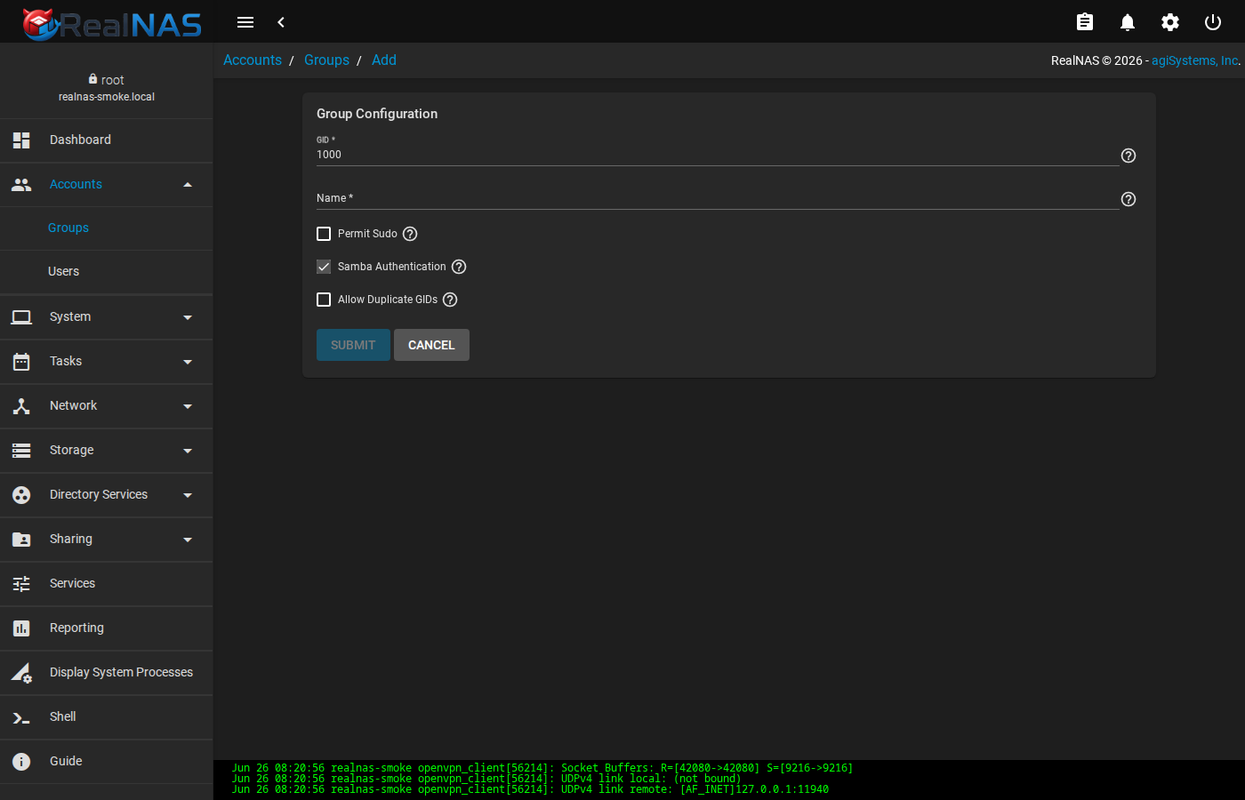 Add Group form with Name, GID, and Sudo checkbox