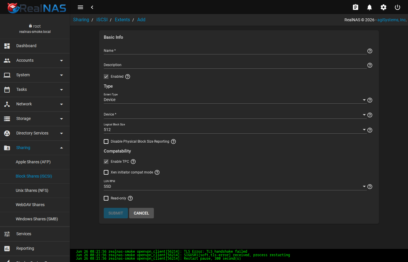 iSCSI Add Extent form with Name, Extent Type, Path, and Size fields