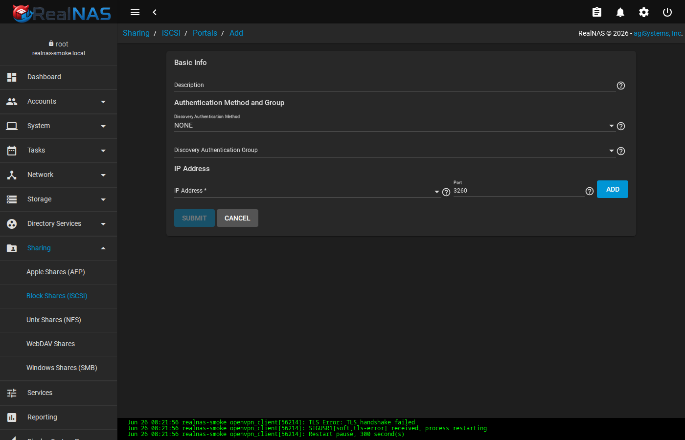 iSCSI Add Portal form with Description, Discovery Auth Method, and IP/port table