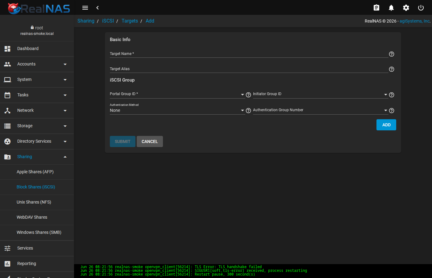 iSCSI Add Target form
