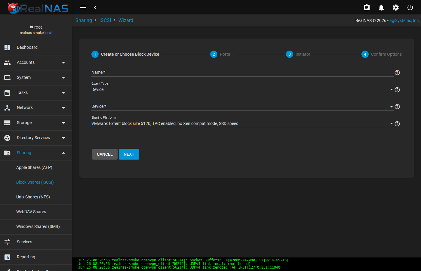 iSCSI wizard step 1: create or choose a block device