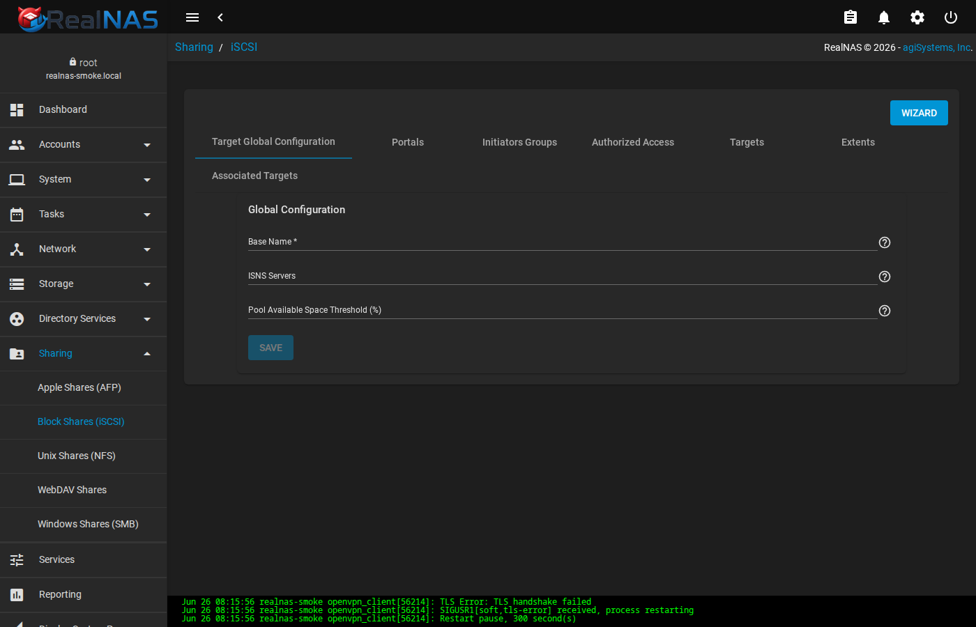 iSCSI page with tabs for Global, Portals, Initiators, Auth, Targets, Extents, Associated Targets