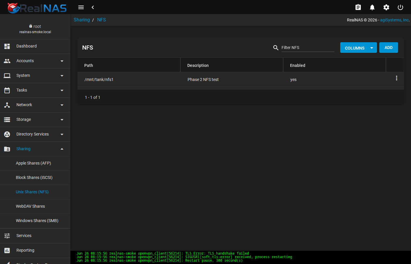 RealNAS NFS shares page with an Add button and share list