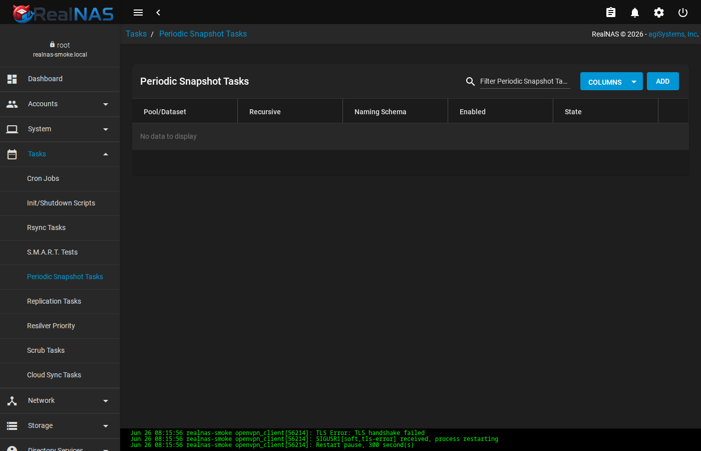 Periodic Snapshot Tasks list page