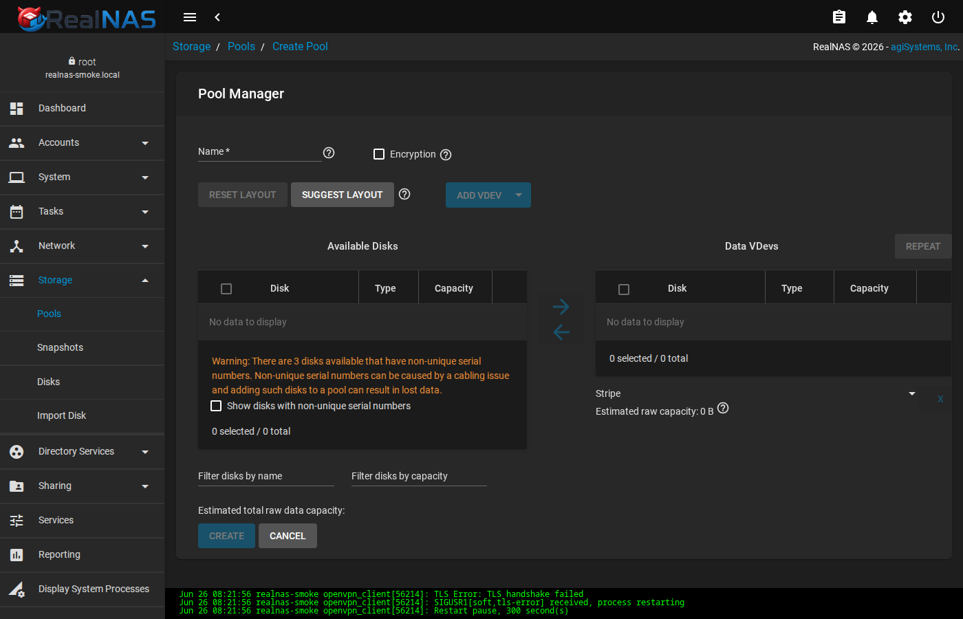 Pool Manager UI with disk picker, vdev composer, and pool name field