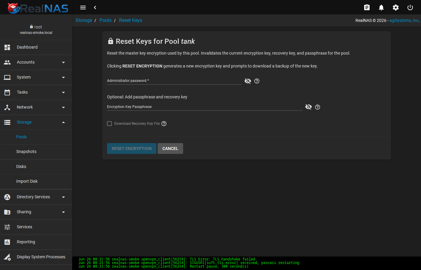 Pool rekey form with current passphrase and new passphrase fields