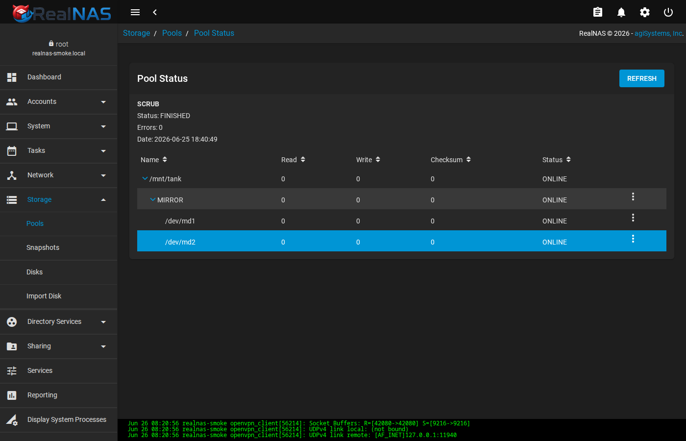 Pool status detail page showing tank vdev tree