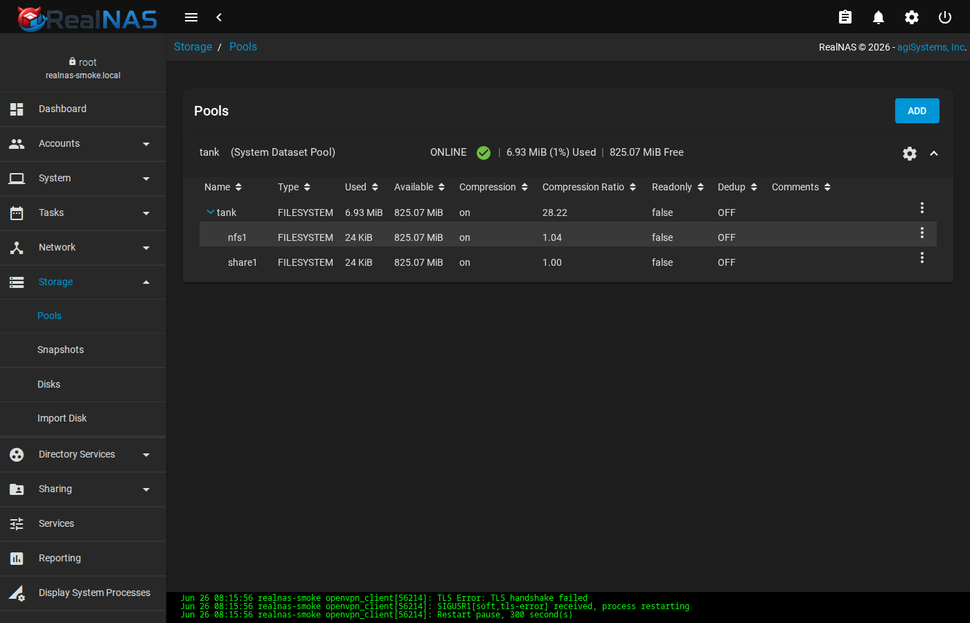 RealNAS Storage Pools page showing an online tank pool and dataset row