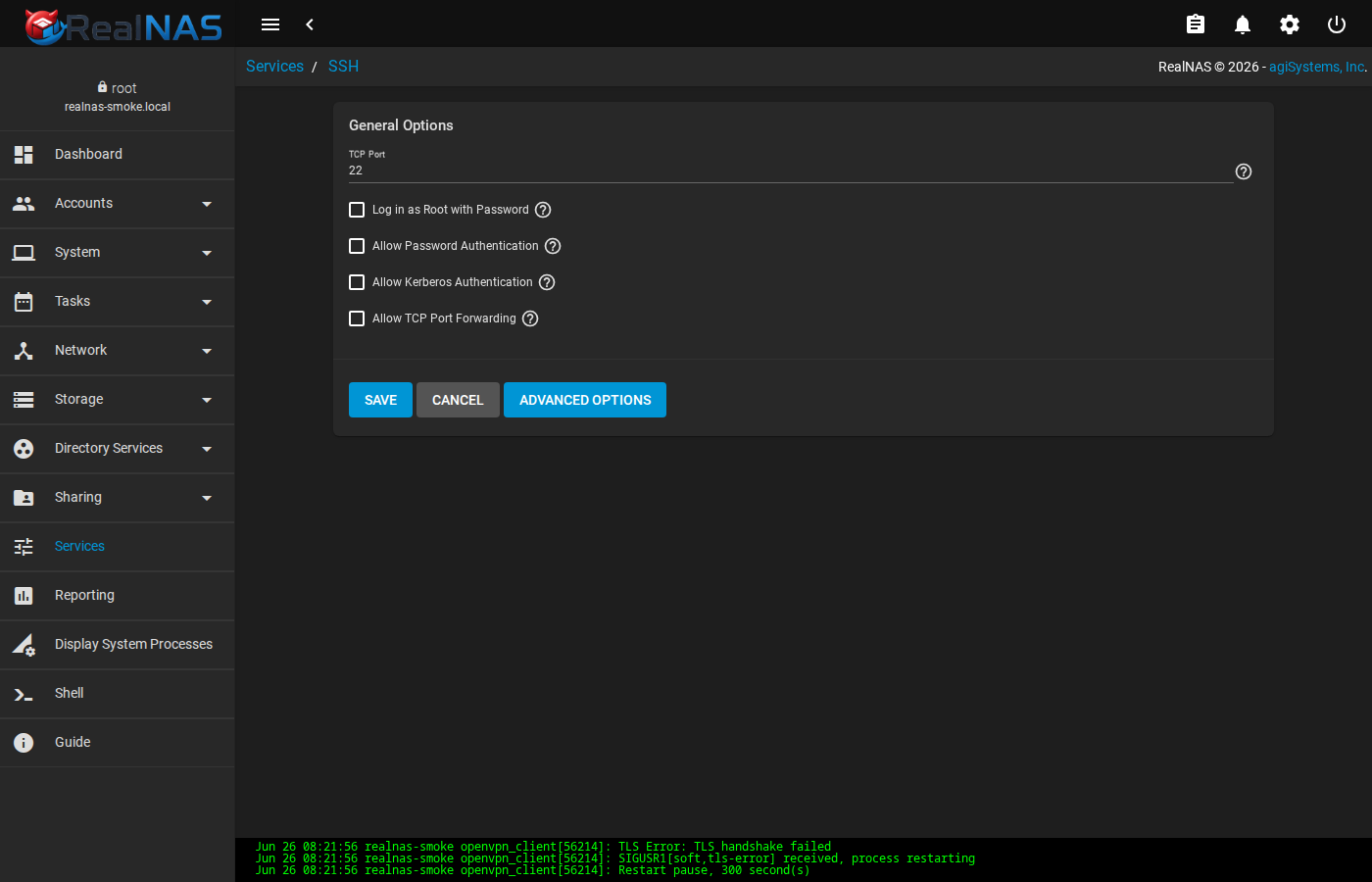 SSH service configuration page