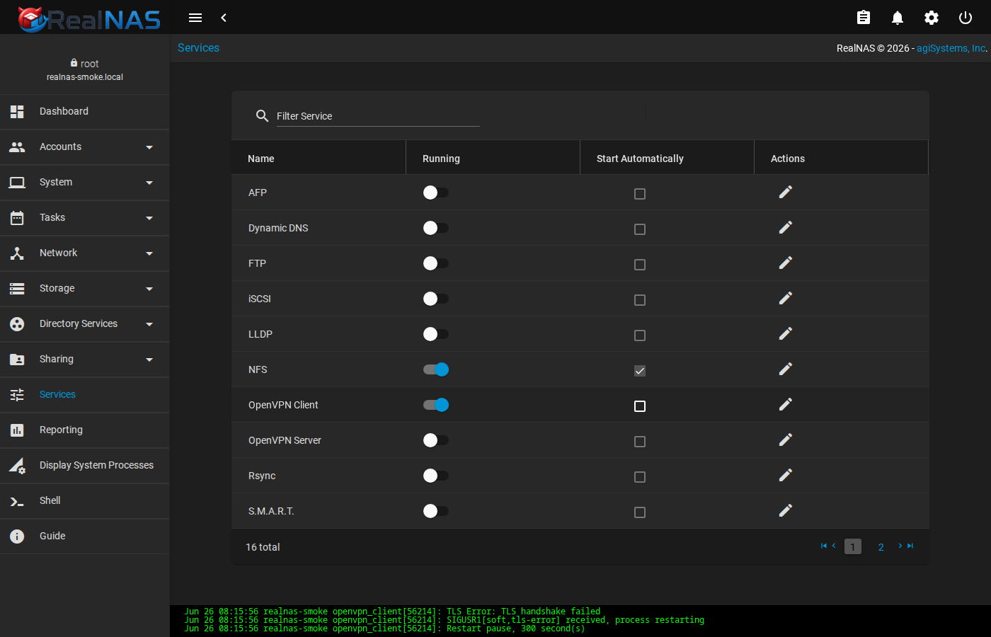 RealNAS Services page listing service rows and state controls