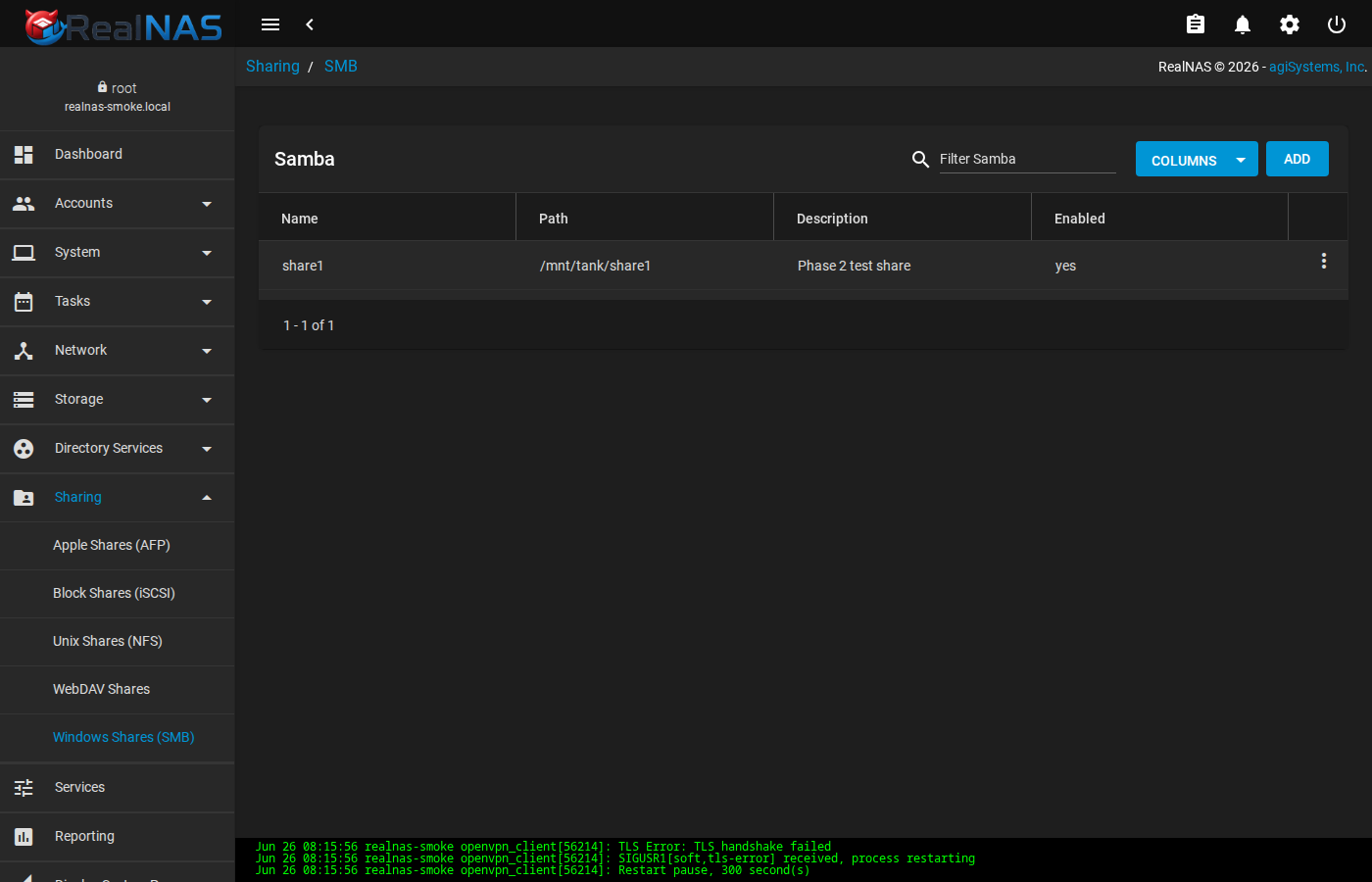 RealNAS SMB shares page with an Add button and share list
