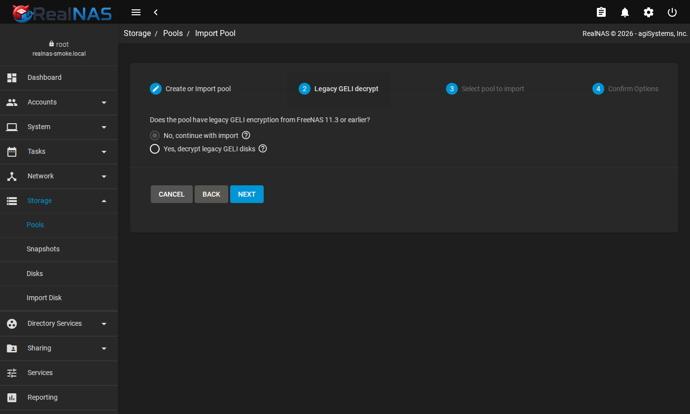 RealNAS import wizard asking whether an imported pool has legacy GELI encryption