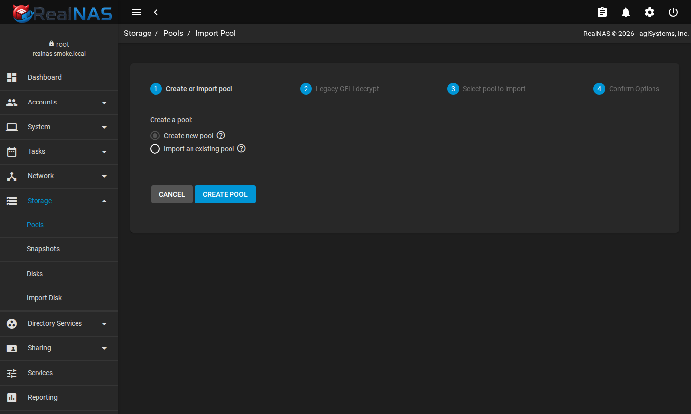 RealNAS import wizard asking whether to create a new pool or import an existing pool