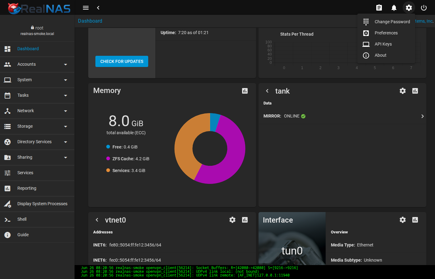 Topbar gear menu open showing Change Password, Preferences, API Keys, About, Legacy Web Interface