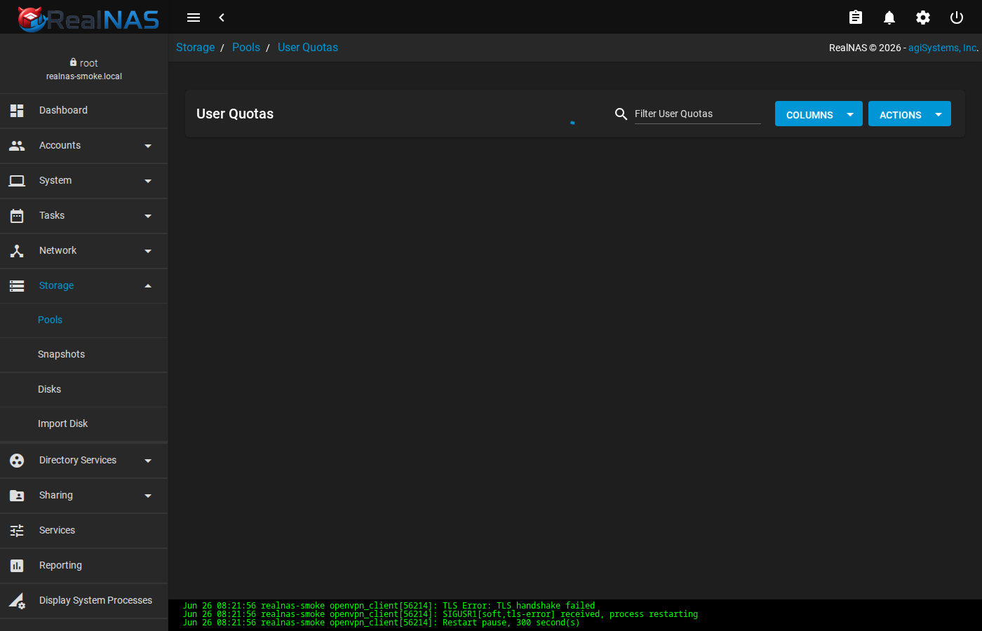 User Quotas page with per-user used and quota columns