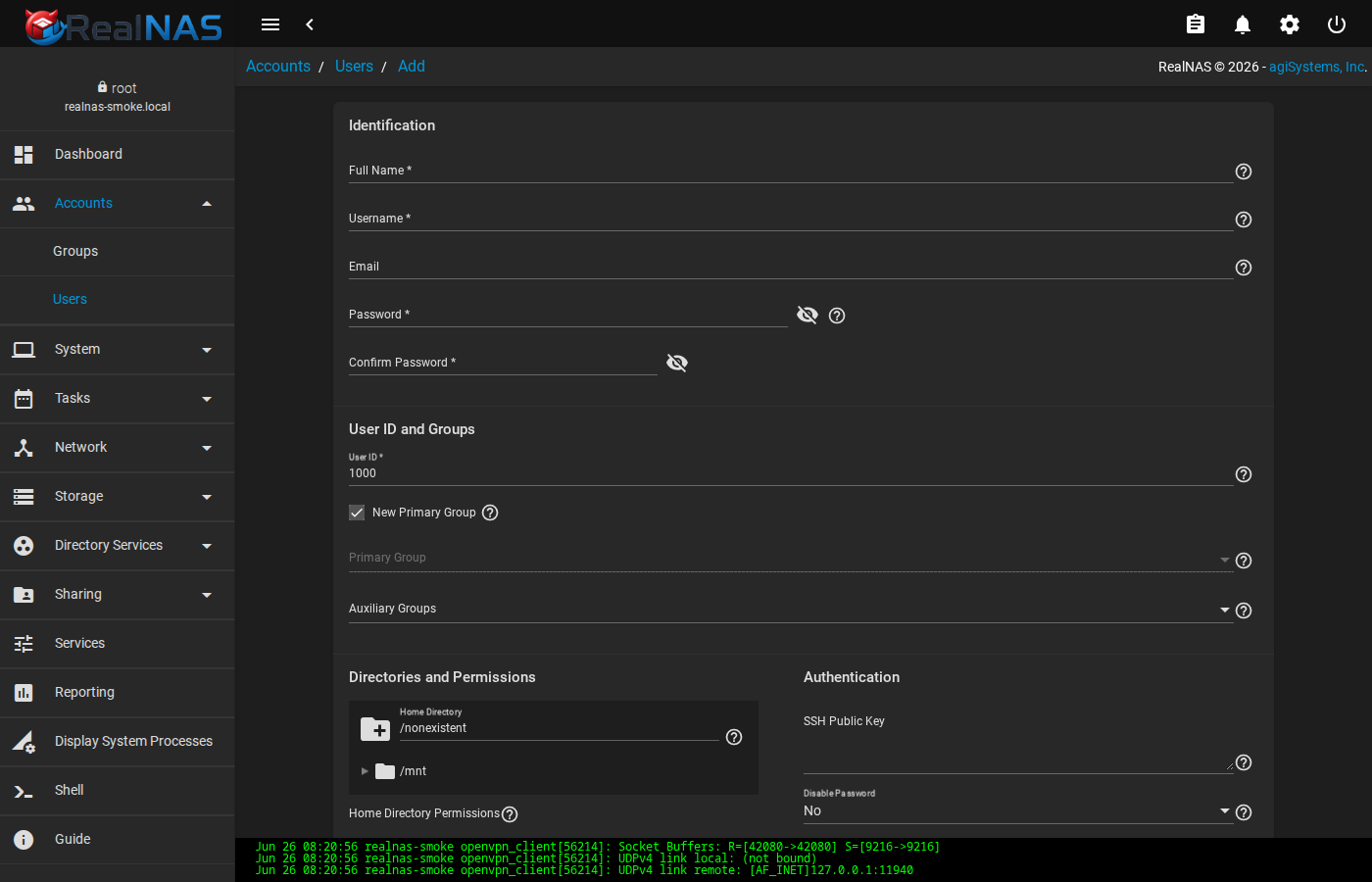 Add User drawer with Full Name, Username, Password, UID, primary group, shell, and home directory fields