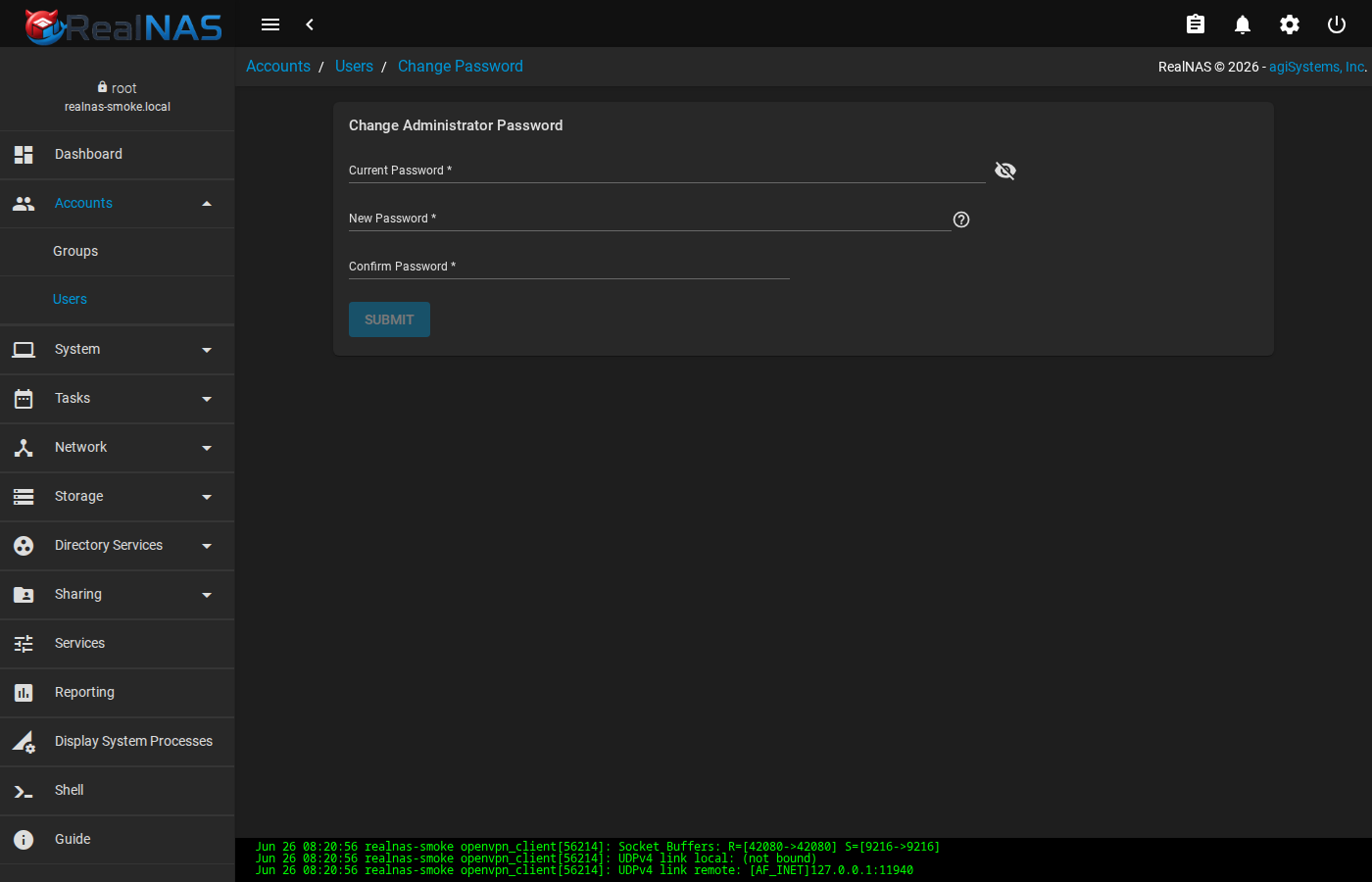 Change Password form showing Current Password, New Password, and Confirm New Password fields