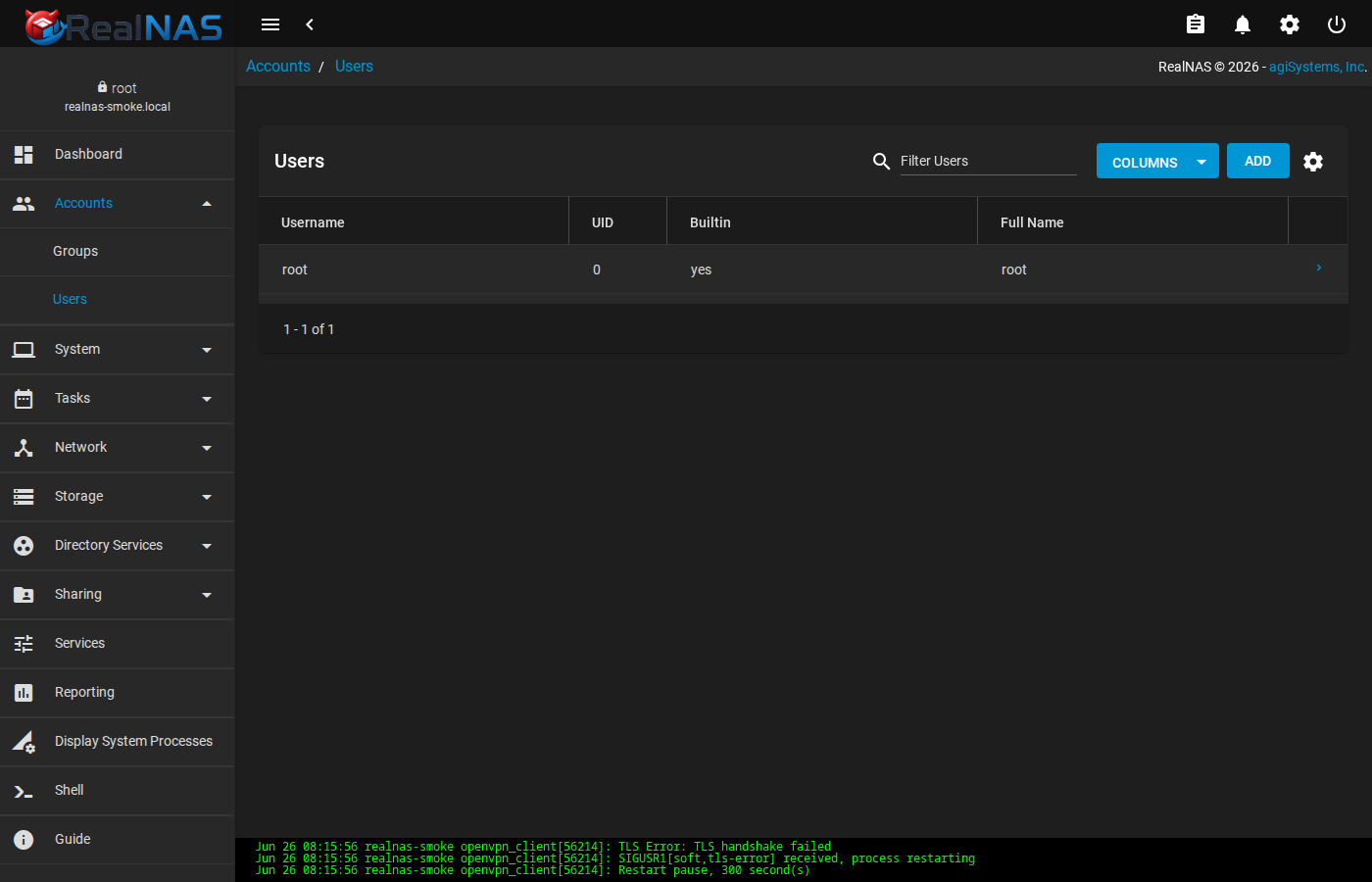 RealNAS Accounts Users page showing local user rows and an Add button