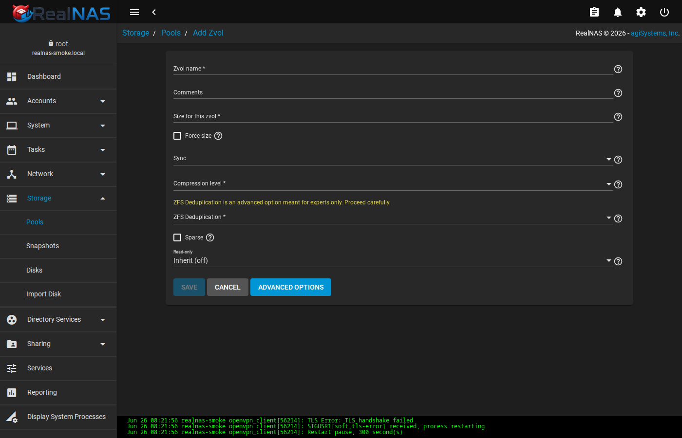 Add Zvol form with Name, Size, and Compression fields
